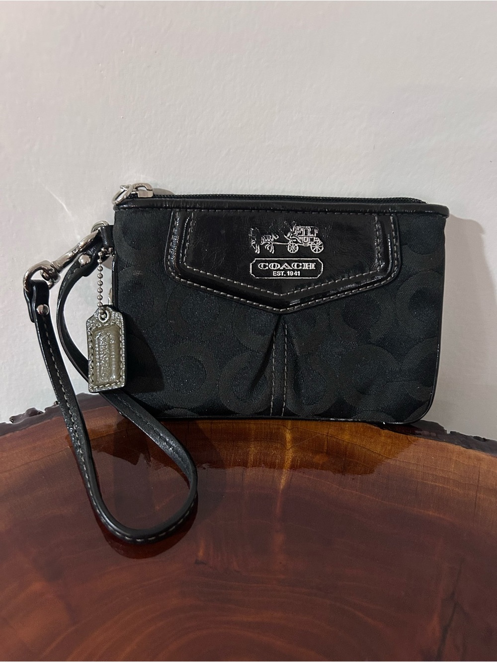 Coach Black Signature Wristlet with Silver Logo